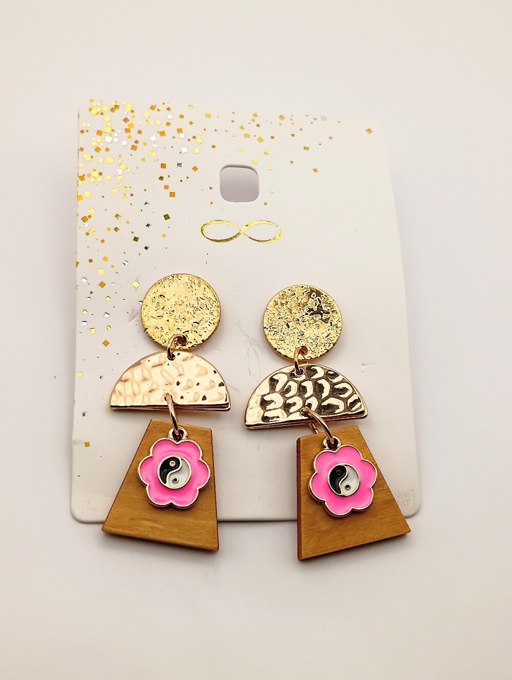 Gold Toned Geometric Earrings with Pink Flower Accent